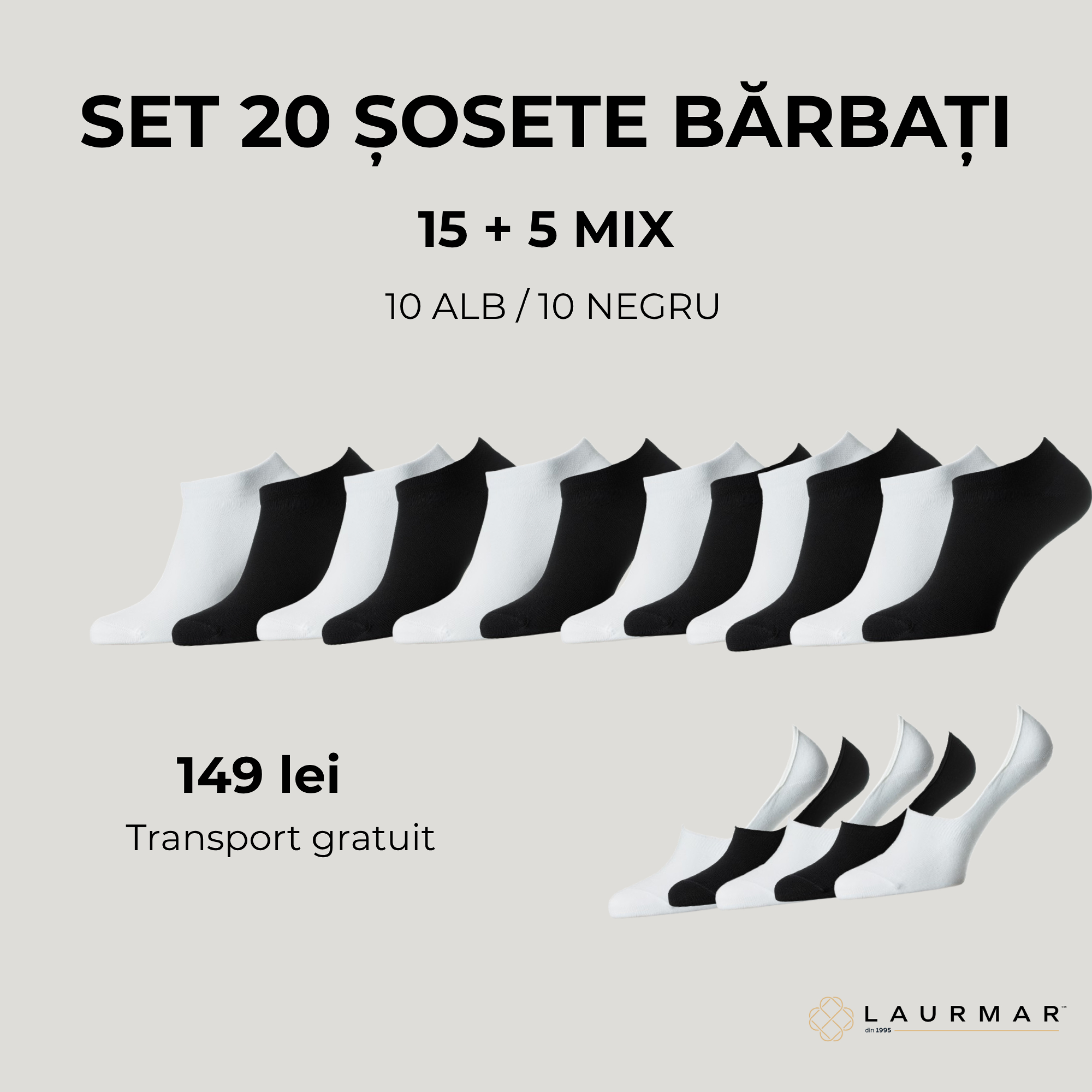 Laurmar Set 20 Șosete Bărbați Ultra-Confortabile (15 Ultrascurte + 5 Talpici)